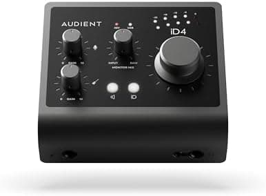 Audient Ses arabirimi iD4 MKII, Class A konsol mikrofon ön amplifikatör (yüksek hızlı USB-C, monitör karışımı ve monitör panning fonksiyonu, 2 kulaklık çıkışı, Mac/PC/iOS uyumlu), siyah, iD MKII