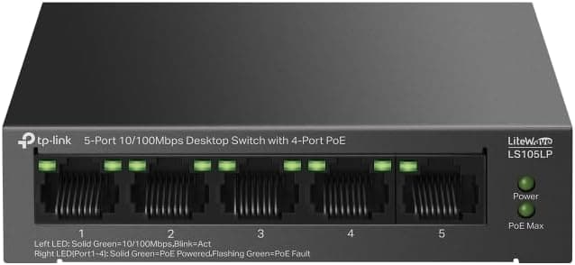 TP-Link LS105LP | 5-Port 10/100Mbps PoE Switch | 4-Port PoE, 41W Güç Bütçesi, 250m İletim | Tak ve Çalıştır, Sessiz Metal Kasa | IP Kamera ve AP Uyumlu