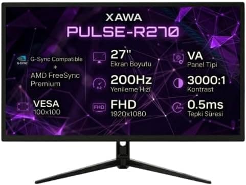 XAWA 27 İnç Full HD (1920x1080) Monitör Pulse-R270, VA Panel, 3000:1 Kontrast Oranı, 0.5ms Tepki Süresi, 200Hz Yenileme Hızı