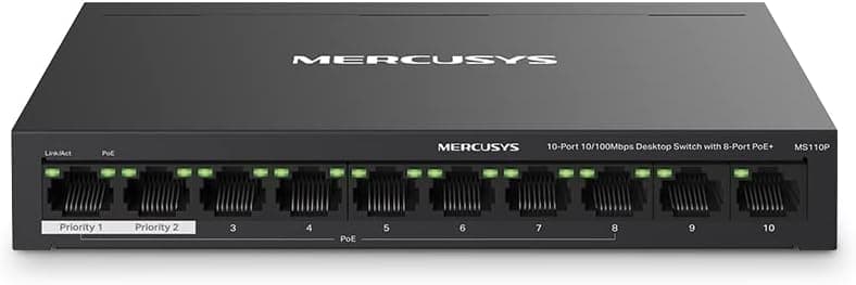 Mercusys MS110P, 10-Port 10/100Mbps Desktop Switch with 8-Port PoE+
