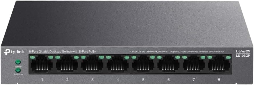 TP-Link LS108GP | 8-Port Gigabit PoE+ Switch | 62W PoE Bütçesi, 250m İletim, Tak ve Çalıştır | Fansız, Sessiz Metal Kasa | IP Kamera & AP Uyumlu Ağ Anahtarı