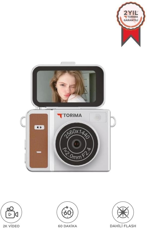 Torima Mini Dijital Kamera 2K Flip Ekranlı Selfie Video Vlog Kamerası CMR46 Kahverengi
