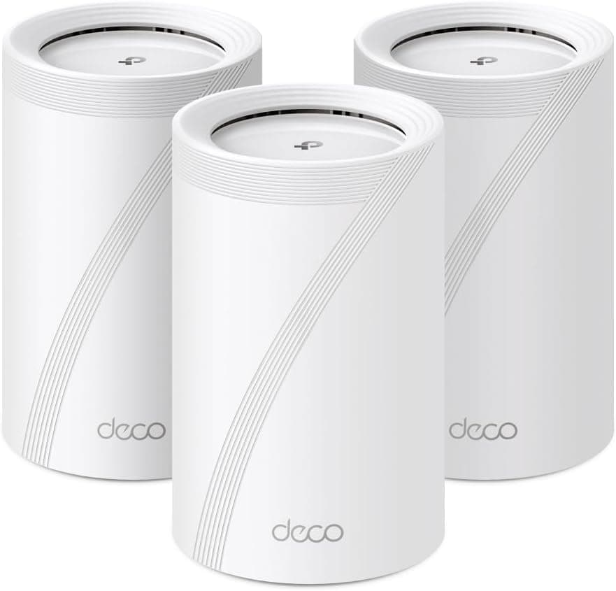 TP-Link Deco BE65 3-pack, BE9300 Mbps, 4 × 2.5 Gbps Portlar, 320 MHz Kanallar, 6 GHz Bandında Çalışır, 200 Cihaza Kadar Bağlanılabilirlik, VPN, WPA3, Üç Bantlı Wi-Fi 7 Mesh Sistemi