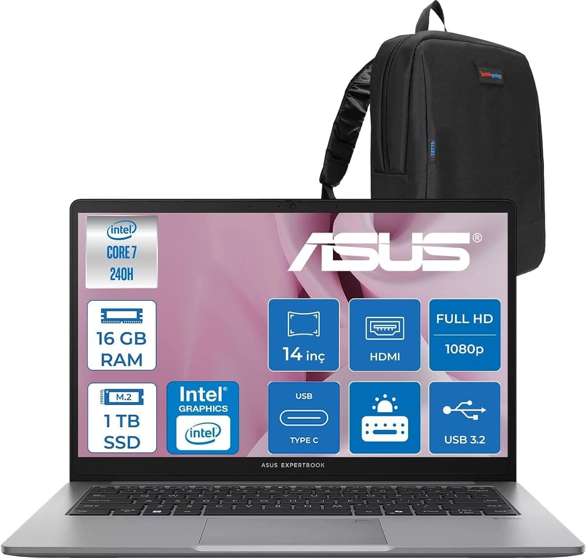 Asus Expertbook P1 P1403CVA Intel® Core™ 7 240H 16GB Ddr5 1tb SSD 14"fhd (1920 x 1080) 300NITS Freedos Taşınabilir Bilgisayar PC716512G0DF03+ZETTAÇANTA