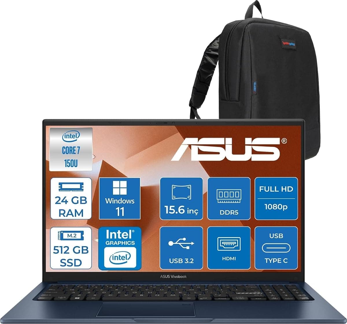 Asus Vivobook 15 Vivobook 15 (X1504VA) Intel® Core™ 7 150U 24GB Ddr5 512GB SSD Intel Graphic Gpu 15,6 Inç Fhd (1920 x 1080) WIN11PRO Taşınabilir Bilgisayar X1504VA150UP07+ZETTAÇANTA