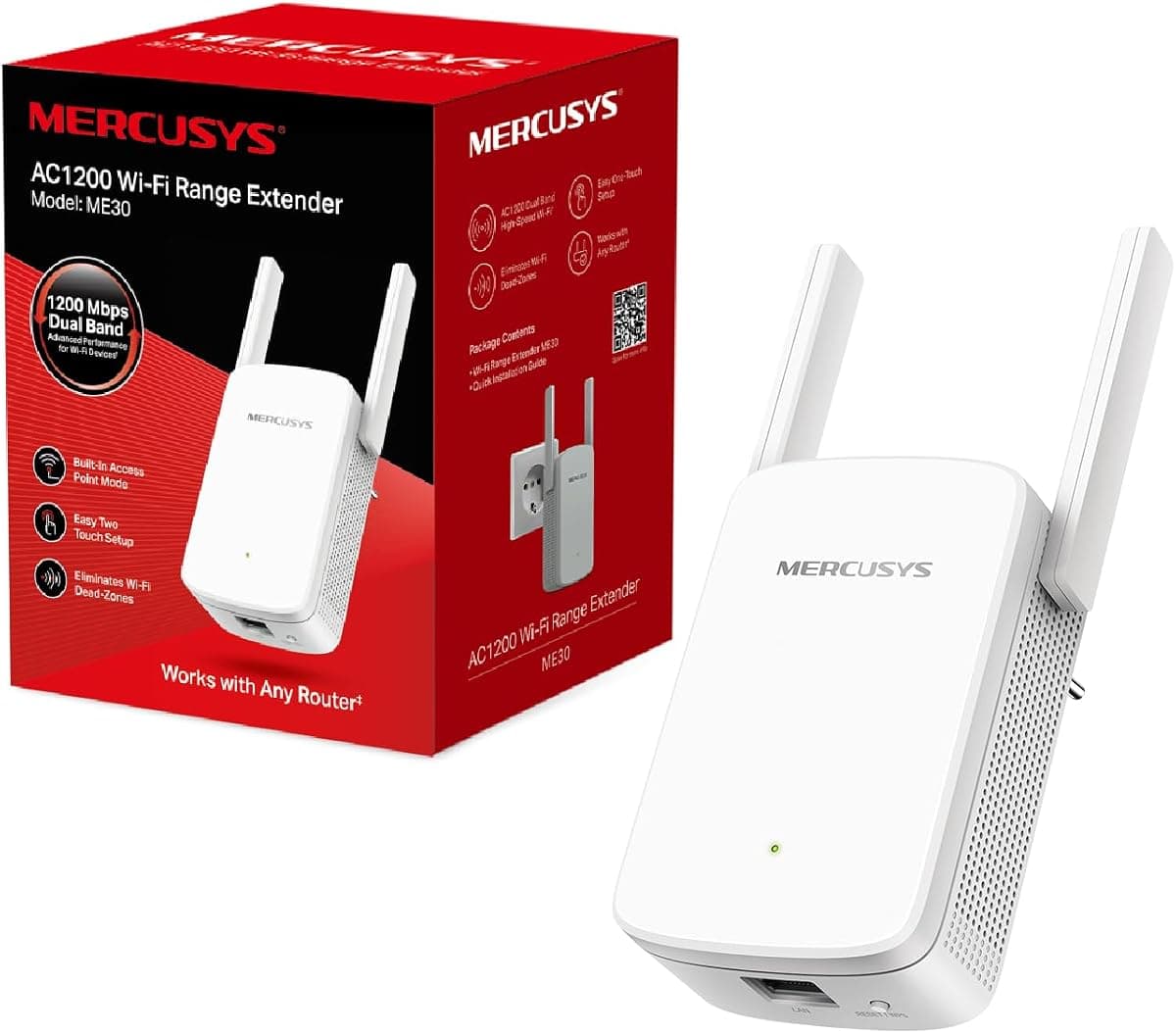 Mercusys Me30 Ac1200 Wi-Fi Range Extender | Herhangi bir Modem Yönlendirici ve AP ile uyumlu, Kararlı WiFi Sinyali ve Genişletilmiş Kapsama için 2 Harici Anten