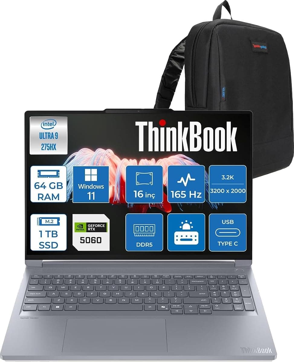 Lenovo Thinkbook 16P Gen6 Iax Intel Core Ultra 9 275HX Aı Ddr5 64GB 1tb SSD 8GB/RTX5060 115W 16" 3.2k (3200X2000) IPS 500NITS 165Hz WINDOWS11PRO Gaming Laptop 21R0004CTXP27+ZETTAÇANTA