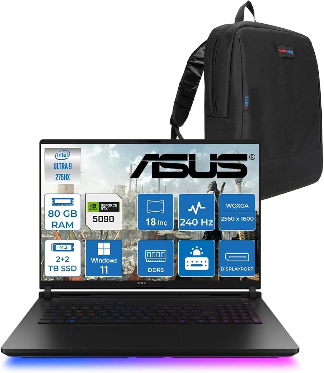 Asus Rog Strix Scar 18 G835LX-SA156 Intel Core Ultra 9 275HX Aı 80GB GB 2tb+2tb 24GB/RTX5090 Gddr7 175W 18" 2.5k 2560 x 1600 240Hz 3ms 1200NITS Windows 11 Pro Laptop WSA156W38+ZETTAÇANTA