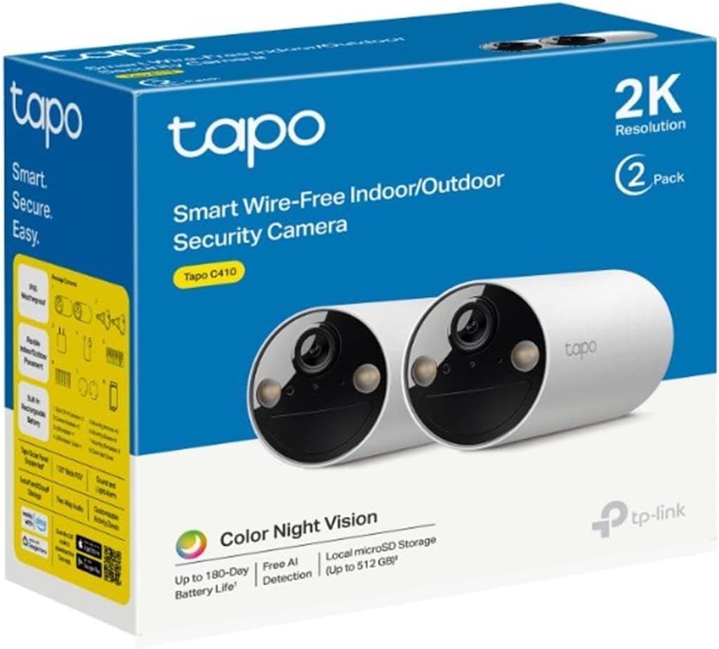 Tapo C410 2-pack, 2K 3MP, Renkli Gece Görüşü, Şarj Edilebilir, Solar Panel Destekli, IP65, Yerel/Bulut Depolama, 110° Açılı, Işıklı ve Sesli Alarm, Kablosuz Bataryalı Güvenlik Kamerası