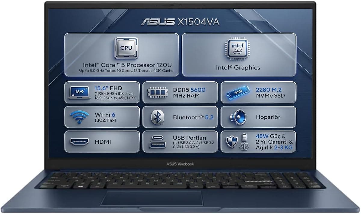 Asus Vivobook 15 Core 5 120U 8GB 512GB SSD 15.6" FHD Windows 11 Pro Laptop · 15.6 inç