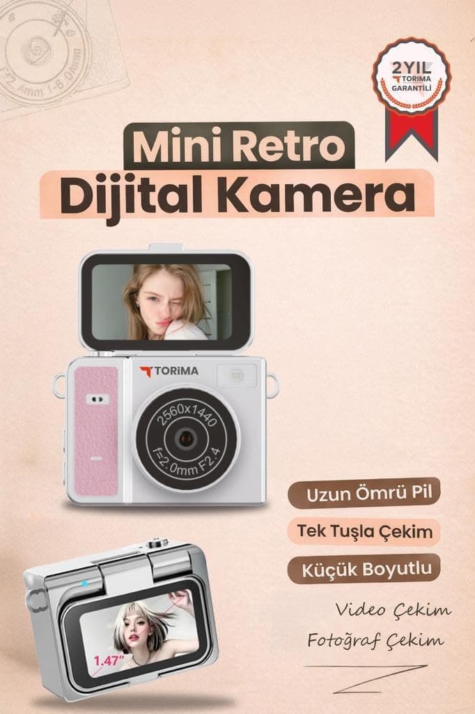 Torima Mini Dijital Kamera 2K Flip Ekranlı Selfie Video Vlog Kamerası CMR46 Pembe