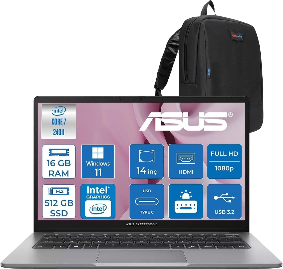 Asus Expertbook P1 P1403CVA Intel® Core™ 7 240H 16GB Ddr5 512GB SSD 14"fhd (1920 x 1080) 300NITS WIN11PRO Taşınabilir Bilgisayar PC716512G0DP02+ZETTAÇANTA
