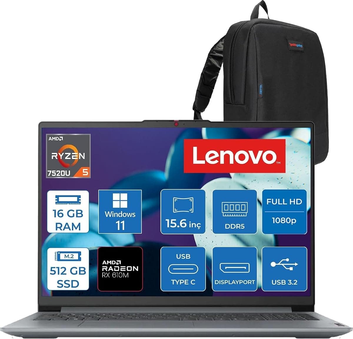 Lenovo Ideapad Slim 3 Amd Ryzen 5 7520U 16GB Lpddr5 512GB SSD Radeon 610M Graphics 15.6" Fhd Tn 250NITS Windows 11 Home Taşınabilir Bilgisayar 82XQ00SFTXH09 + Zettaçanta · 15.6 inç