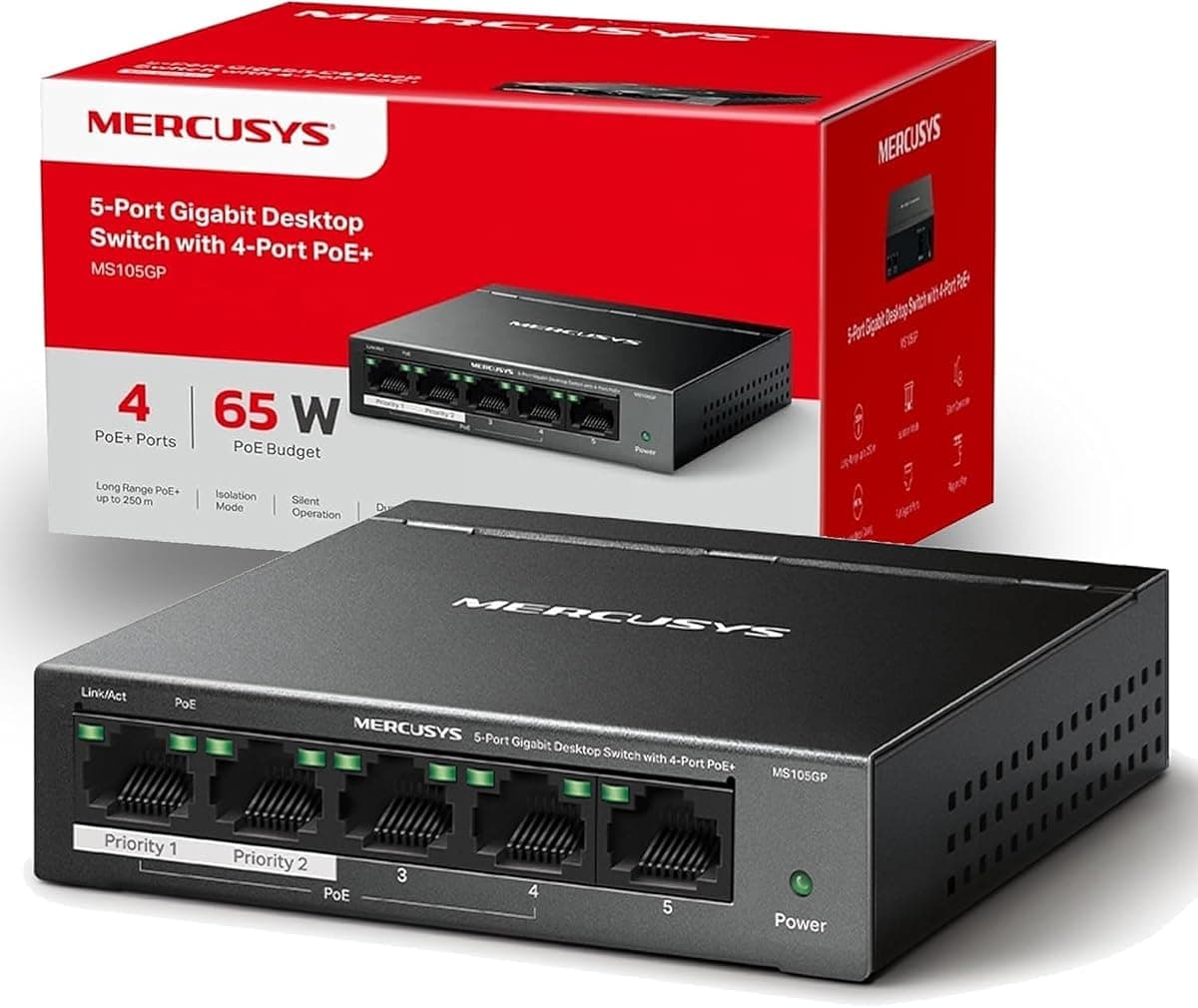 Mercusys MS105GP, 5-Port Gigabit Desktop Switch with 4-Port PoE+