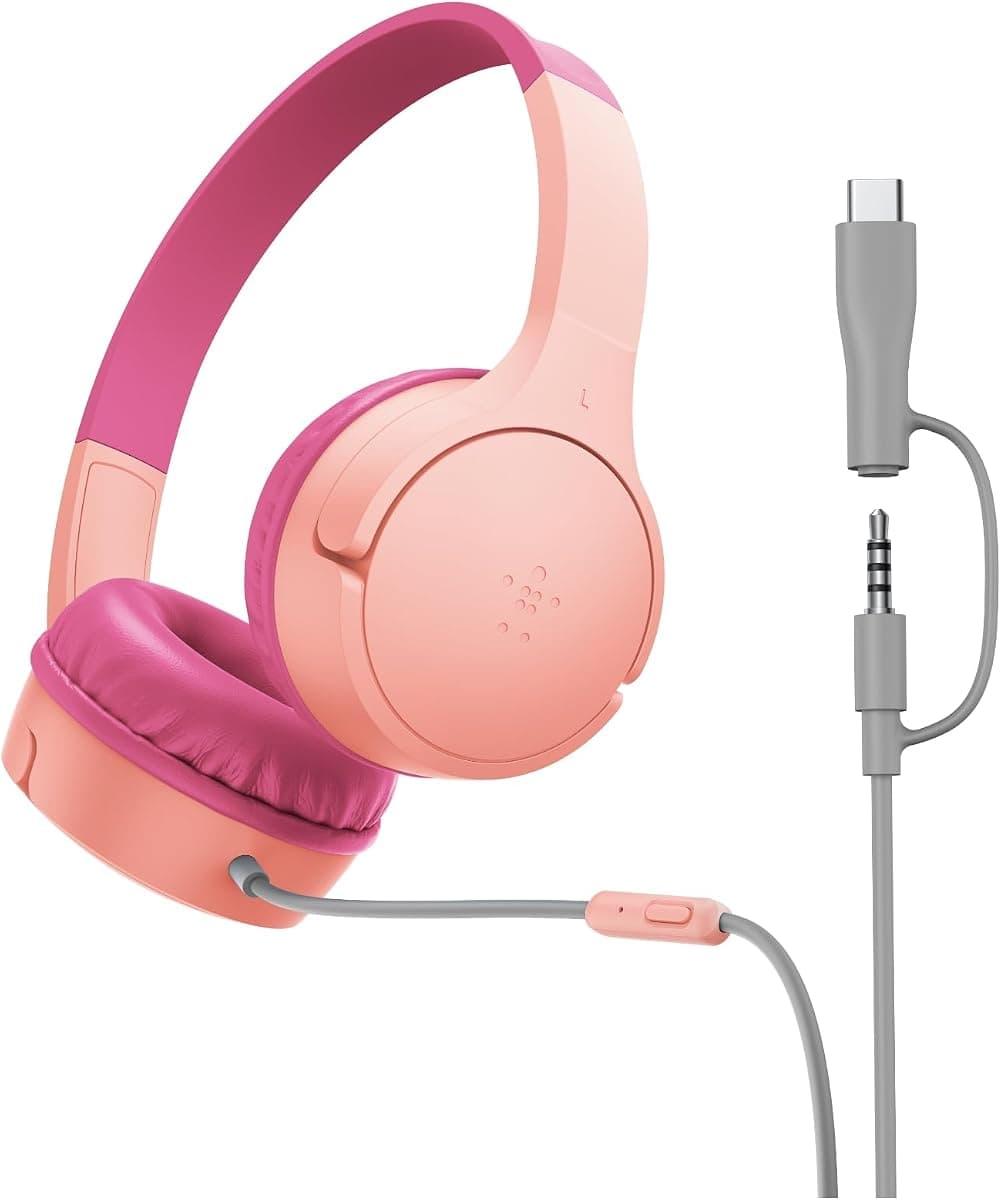 Belkin SoundForm Mini Kids Kablolu Kulaklık (Pembe) – USB-C + 3,5 mm Adaptör, Dahili Mikrofon, 85 dB Ses Sınırı, Eğlenceli Çıkartmalar, iPhone, iPad, Galaxy Uyumlu