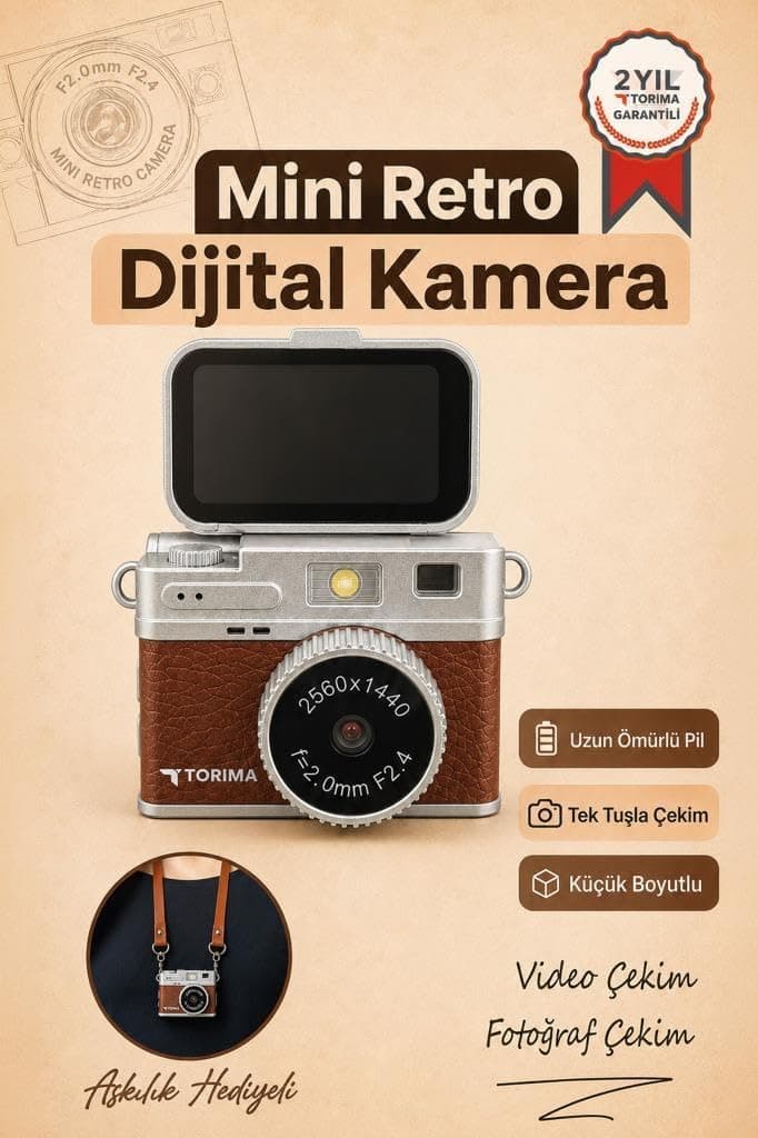 Torima Mini Dijital Kamera 2K Flip Ekranlı Selfie Video Vlog Kamerası CMR49 kahverengi