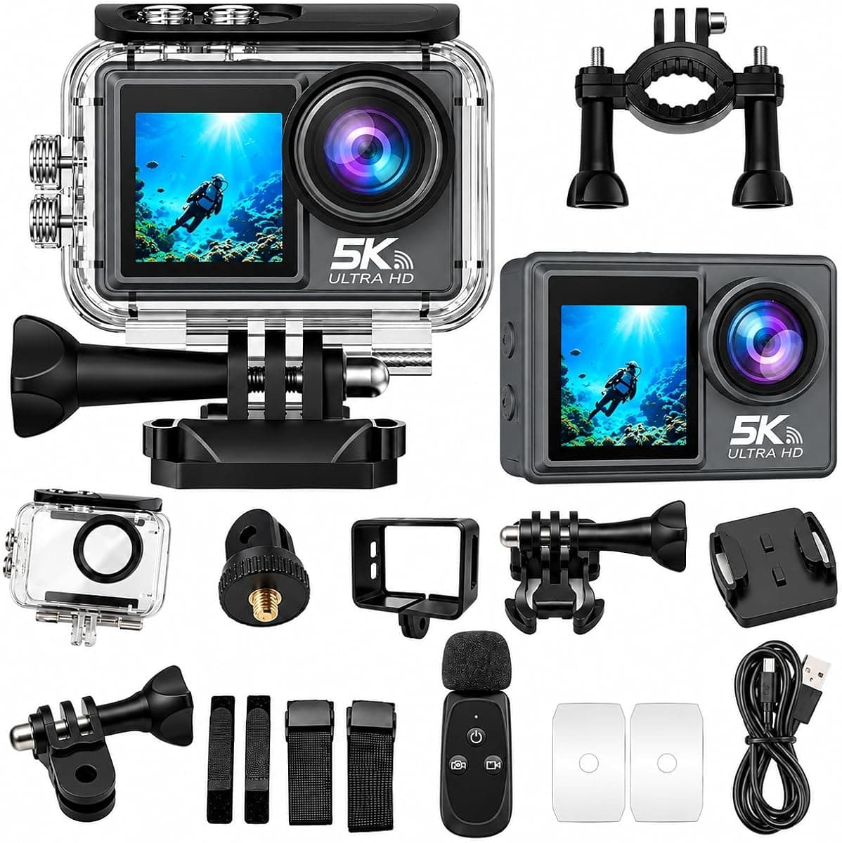 ROBEVE 5K Ultra HD Aksiyon Kamera Çift Ekranlı Dokunmatik Ekran Wi-Fi Bağlantılı Spor ve Vlog Kamerası Su Geçirmez Kılıflı Geniş Açı Outdoor Kamera Aksesuar Setli Aksiyon Kamerası 64GB Hafıza Kartı · 64 GB