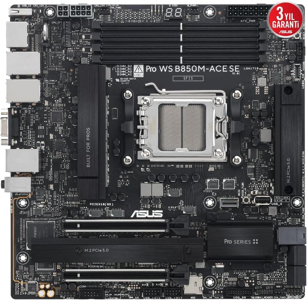 ASUS PRO WS B850M-ACE SE AMD AM5 mATX Anakart | AMD B850 AM5 DDR5 8200 DP HDMI VGA USB4 Çift M.2 USB3.2 10Gbit+2.5Gbit+1Gbit LAN mATX AMD Epyc 4005 Serisi İşlemci Desteği