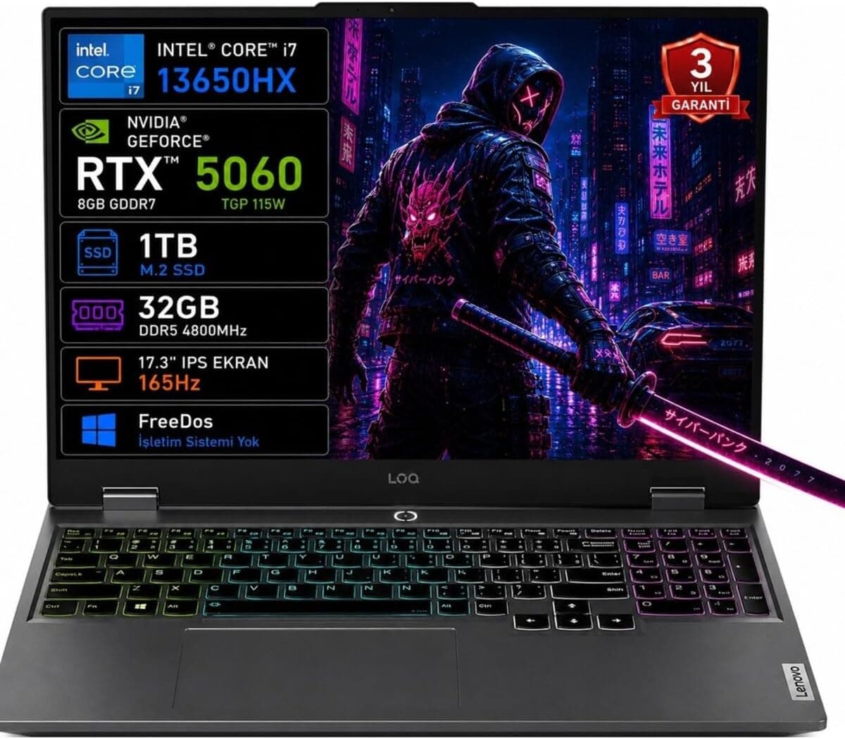 LENOVO Loq 17IRX10 83JH00CKTR I7-13650HX 32GB 1tb SSD RTX5060 8gb Tgp 115W 17.3" IPS 165Hz Freedos Taşınabilir Bilgisayar