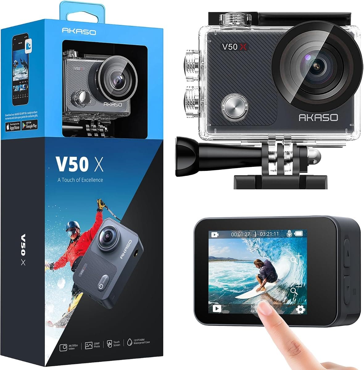 Akaso V50X 4K 30Fps Aksiyon Kamera ve Aksesuar Seti 20MP WiFi Aksiyon Kamerası IPX7 Su Geçirmez EIS 2.0 Çift Ekran, Dokunmatik Ekranlı, 2X 1350mAh Pil ve Aksesuar Kiti