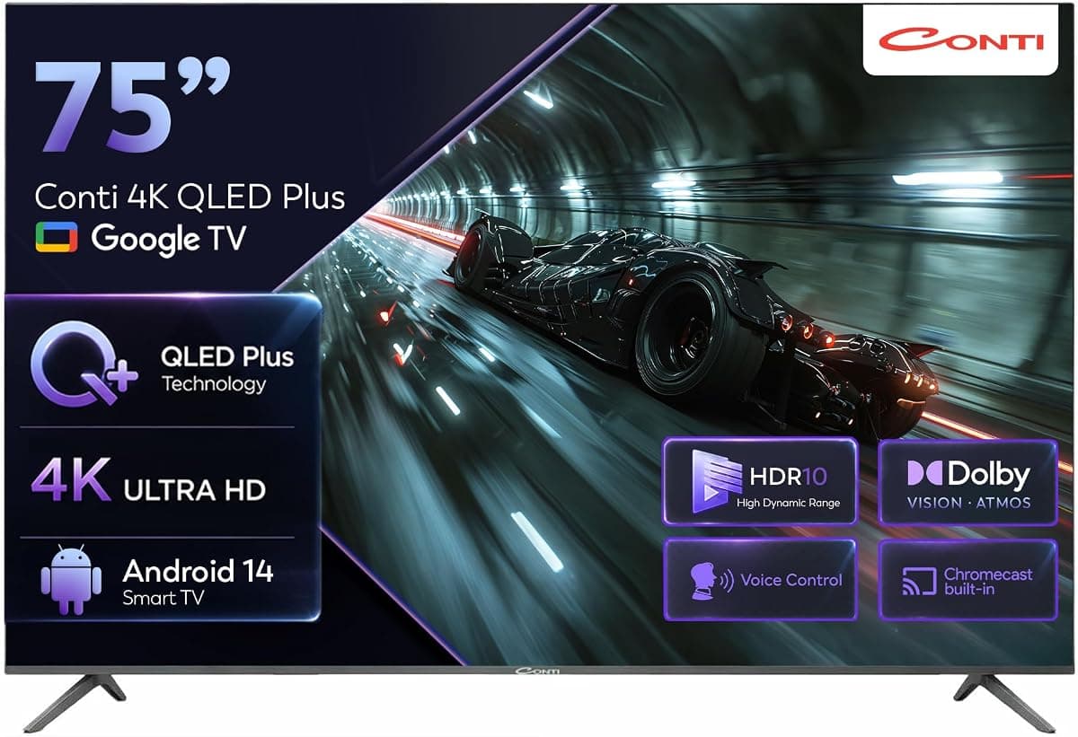 Conti 75" 4K QLED Plus Google TV (CT75OG300U), HDR10, Dolby Vision Atmos, Çerçevesiz Tasarım, Dahili Uydu Alıcı, Wi-Fi, Bluetooth, 3x HDMI, Android 14 Smart TV