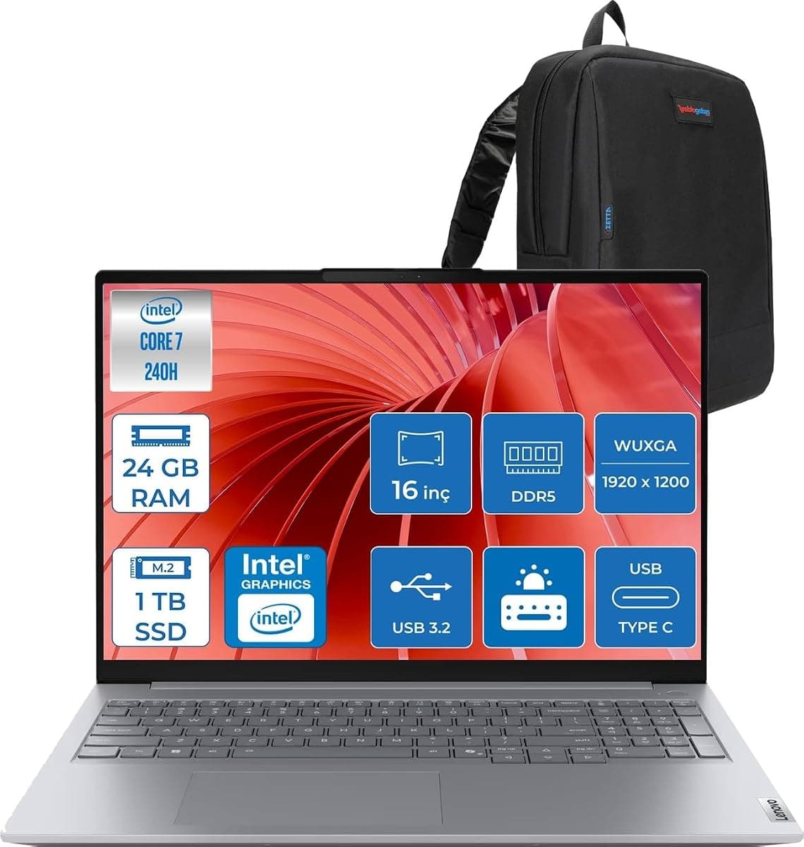 Thinkbook 16 G8 Irl Intel Core 7 240H 24GB Ddr5 1tb SSD Intel Iris Xe Graphics 16" Wuxga IPS 300NITS 60Hz Windows 11 Pro Taşınabilir Bilgisayar 21SH009GTXP06 + Zettaçanta