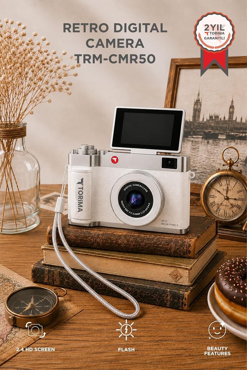 Mini Dijital Retro Kamera CMR50 Beyaz 48MP Selfie Video Vlog Kamerası · Beyaz