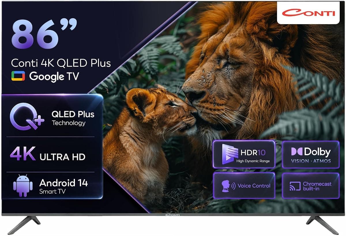 Conti 86" 4K QLED Plus Google TV (CT86OG300U) – HDR10, Dolby Vision Atmos, Çerçevesiz Tasarım, 3x HDMI, Bluetooth 5.1, Wi-Fi, Dahili Uydu Alıcı, Android 14