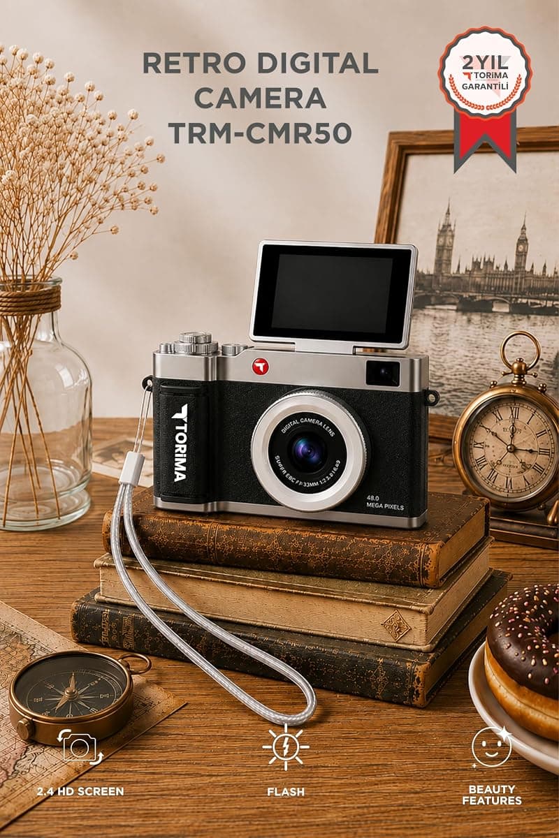 Mini Dijital Retro Kamera CMR50 Siyah 48MP Selfie Video Vlog Kamerası · Siyah