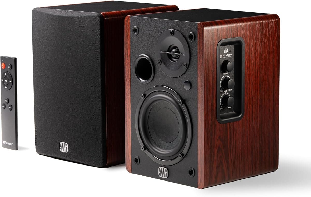 PreSonus Eris Accent - Aktif Kitaplık Hoparlör (Çift) – 4 inç Woofer, 1 inç İpek Kubbe Tweeter, 60W Class D, TRS/RCA/Aux Girişli, Uzaktan Kumandalı Ahşap Masaüstü Stereo Hoparlör Seti