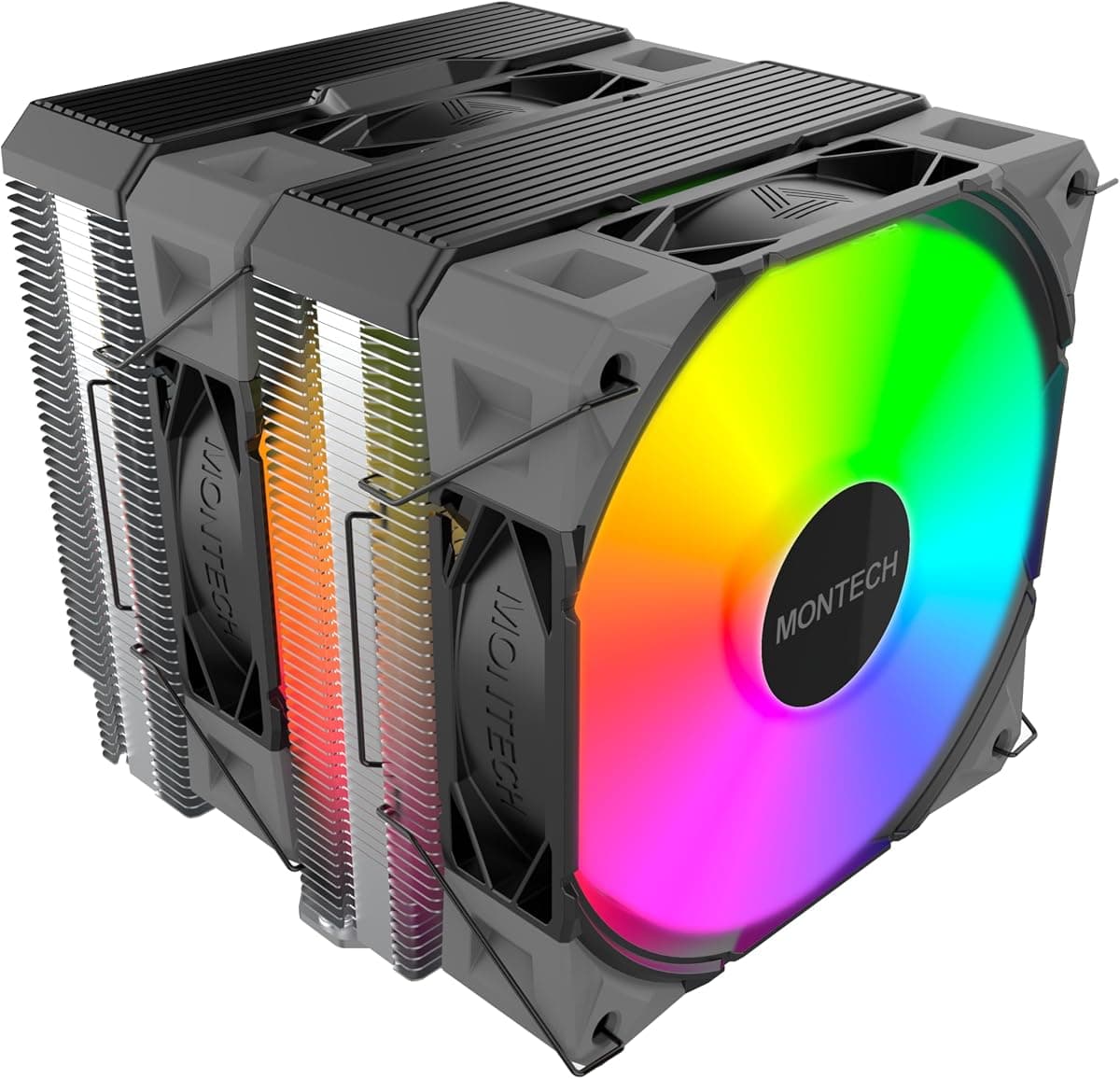 MONTECH NX600 ARGB 6 Isı Borulu ve Premium Üst Kapaklı Çift Kule CPU Hava Soğutucu | 28mm E28 ARGB Premium Fan | Lehimli Bakır Taban | Üstün Isı Dağılımı | Tüm Intel ve AMD Soket Desteği | Siyah · Siyah