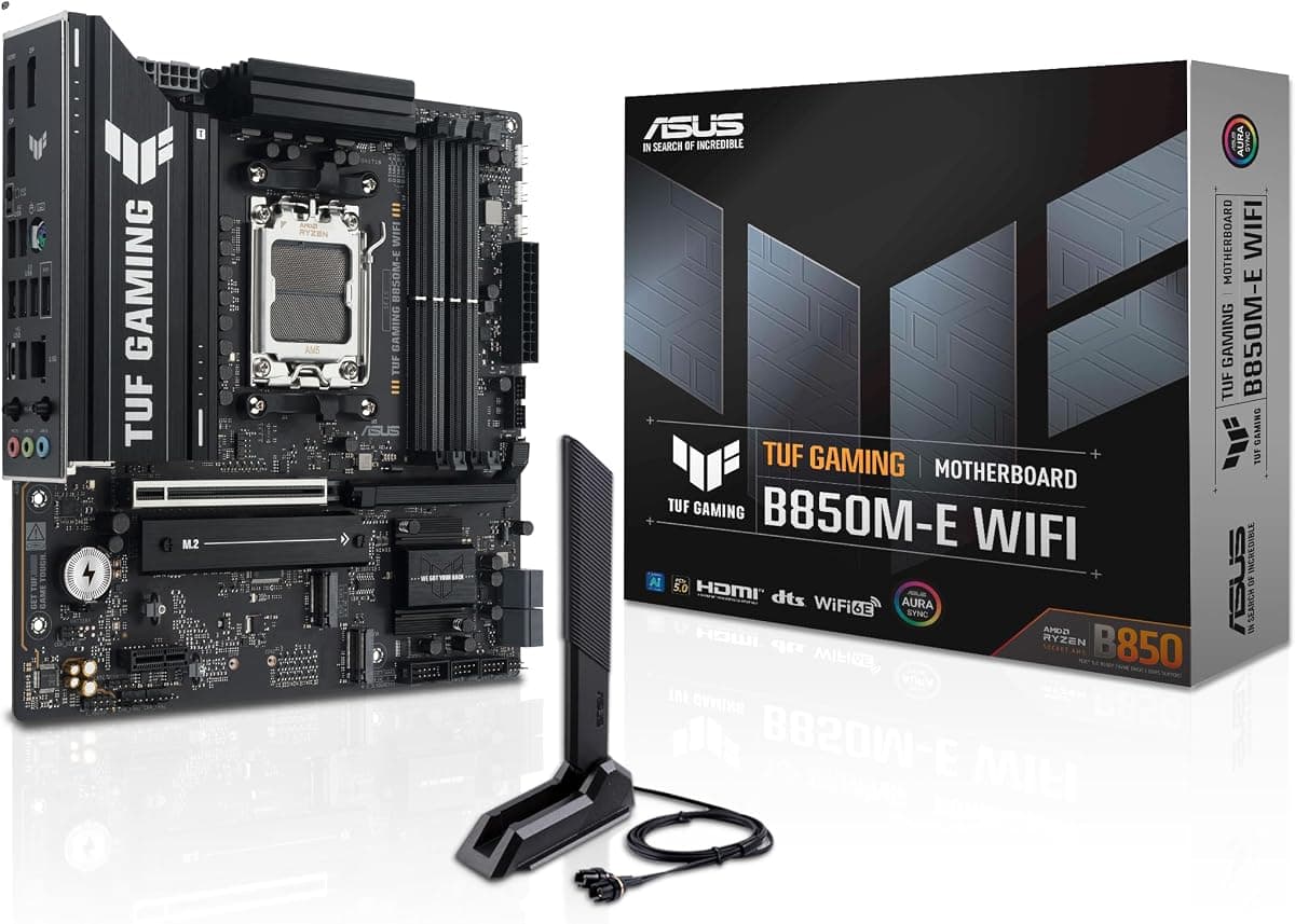 ASUS TUF GAMING B850M-E WIFI WiFi6E AMD AM5 mATX Anakart | AMD B850 AM5 DDR5 8000 2xDP HDMI 3x M.2 USB3.2 WiFi 6E + BT AURA RGB 2.5Gbit LAN mATX 256GB’a Kadar RAM Desteği