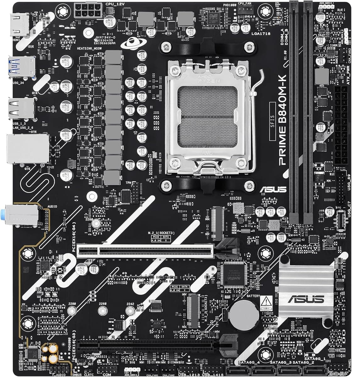 ASUS PRIME B840M-K AMD AM5 mATX Anakart | AMD B840 AM5 DDR5 8000 HDMI Çift M.2 USB3.2 AURA RGB 2.5Gbit LAN mATX 8+2+1 Güç Aşamaları, 5X Protection III